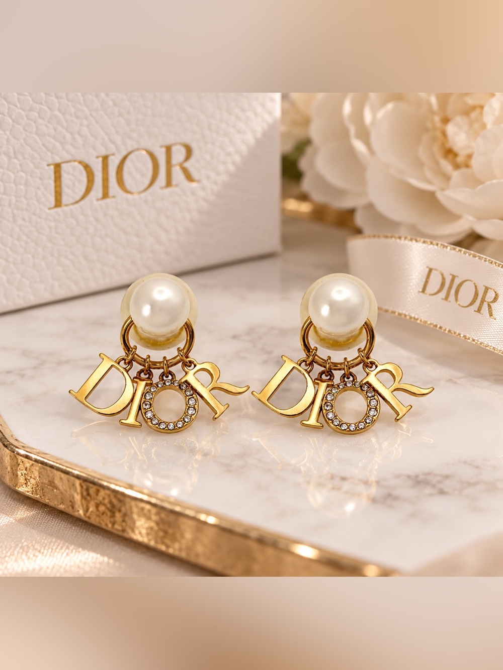 Dior Gold and Pearl DIOR Logo Drop Earrings with Pavé Accent